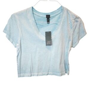 Wild Fable Aqua Blue Acid Wash V-Neck Crop Top Short Sleeve Tee XS NWT